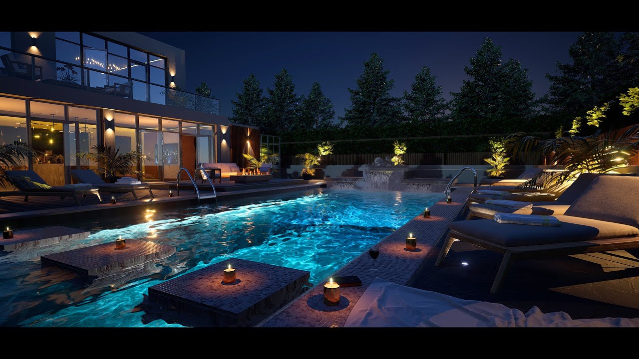 A Private Luxury Pool 24/7 With Relaxing Water Feature | 4K