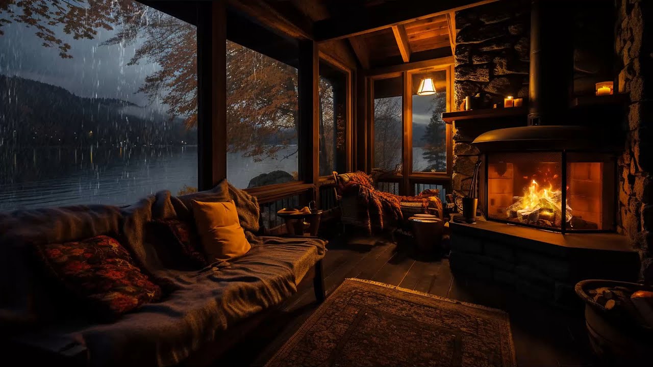 Rain in Cozy Cabin with Warm Fireplace and Gentle Rain on La…